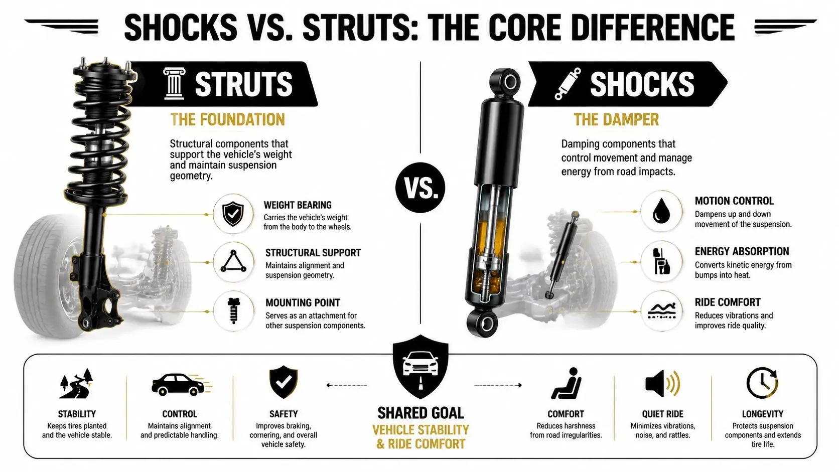 An infographic comparing automotive struts and shocks, illustrating their different functions and shared goal for vehicle stability.
