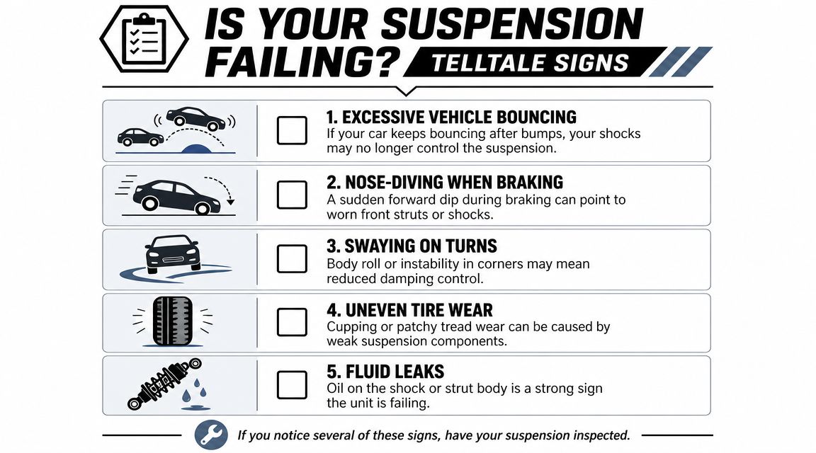 An infographic detailing five common signs of failing vehicle suspension, including bouncing, nose-diving, and fluid leaks.