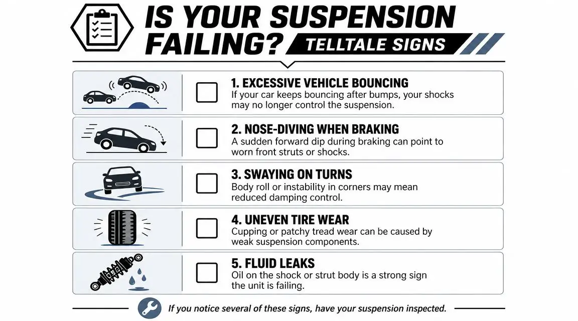 An infographic detailing five common signs of failing vehicle suspension, including bouncing, nose-diving, and fluid leaks.
