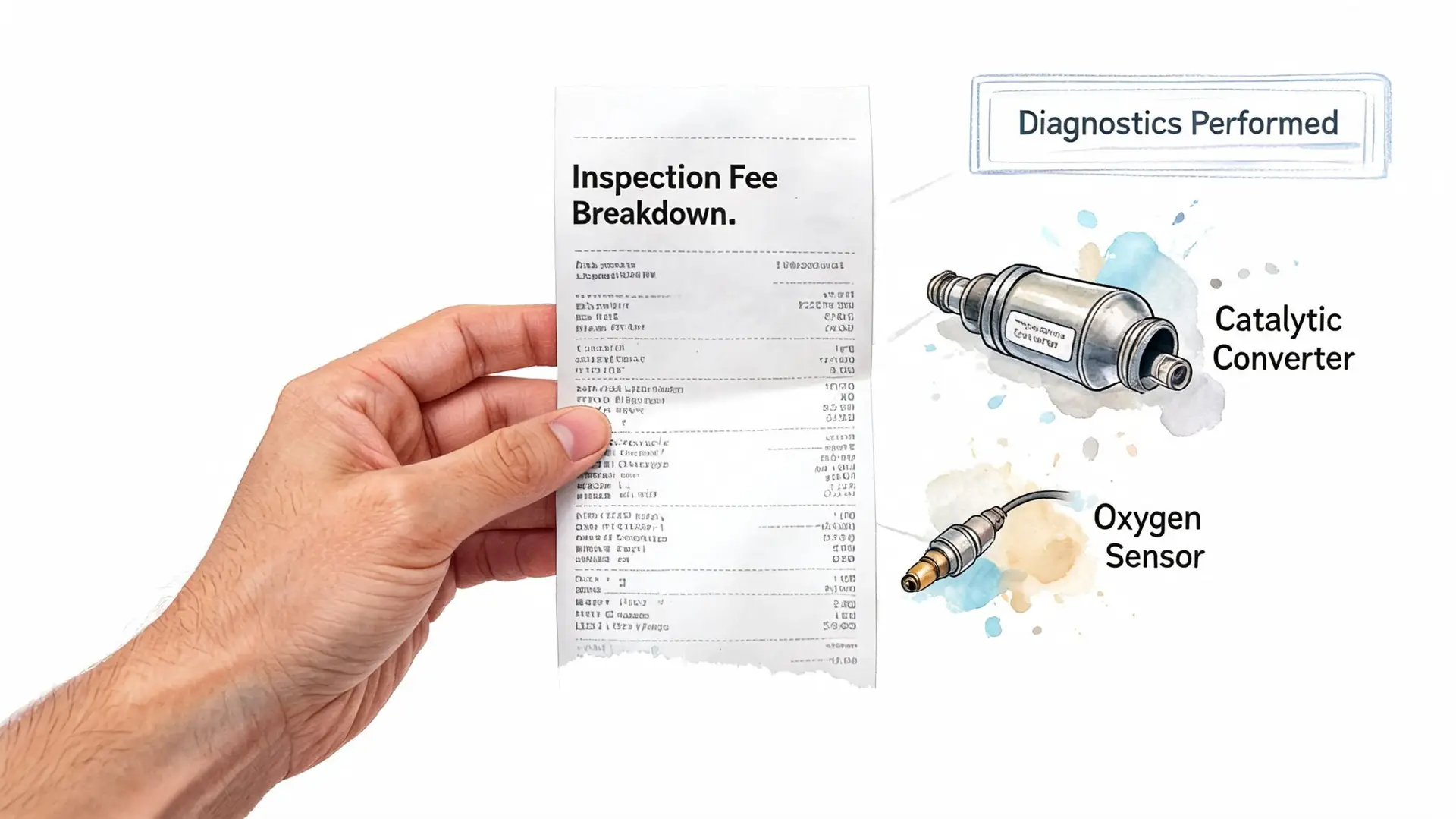 A hand holding a car repair receipt next to illustrations of a catalytic converter and oxygen sensor.