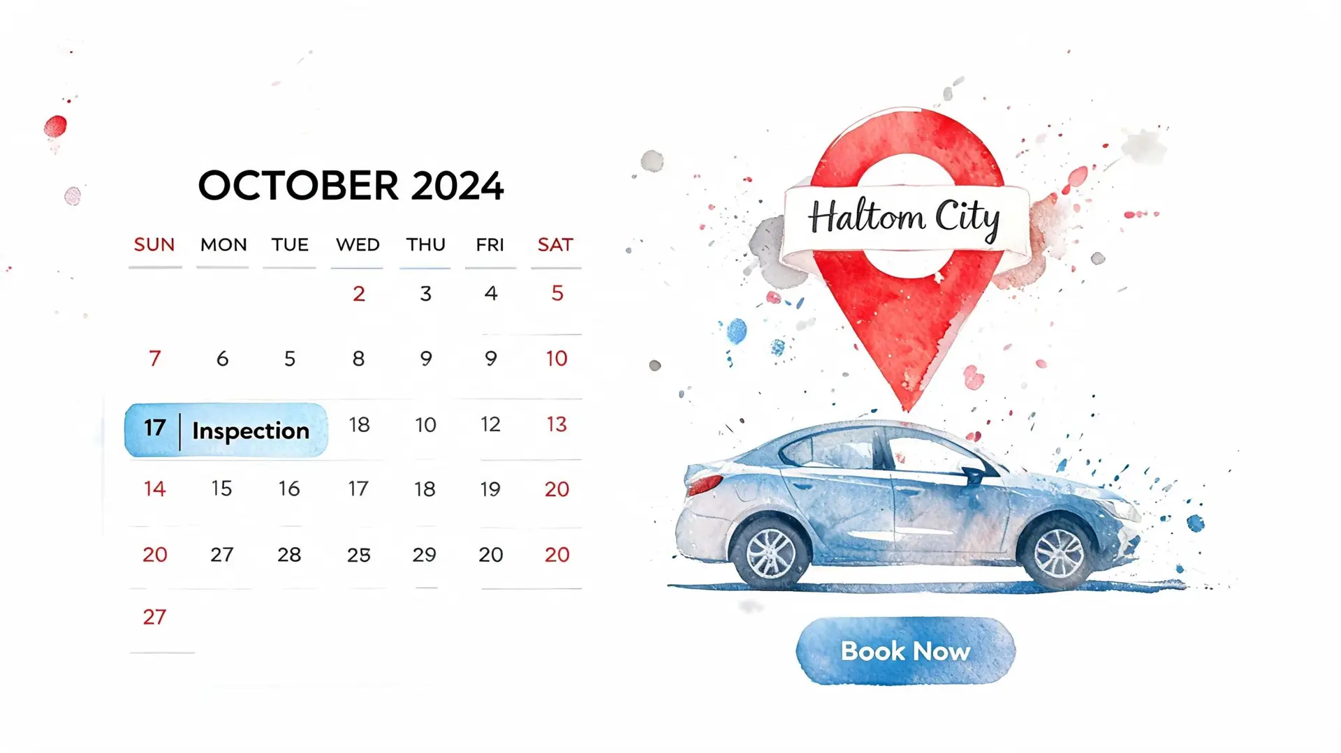A calendar for October 2024 with a car inspection date marked and a location pin above a car.