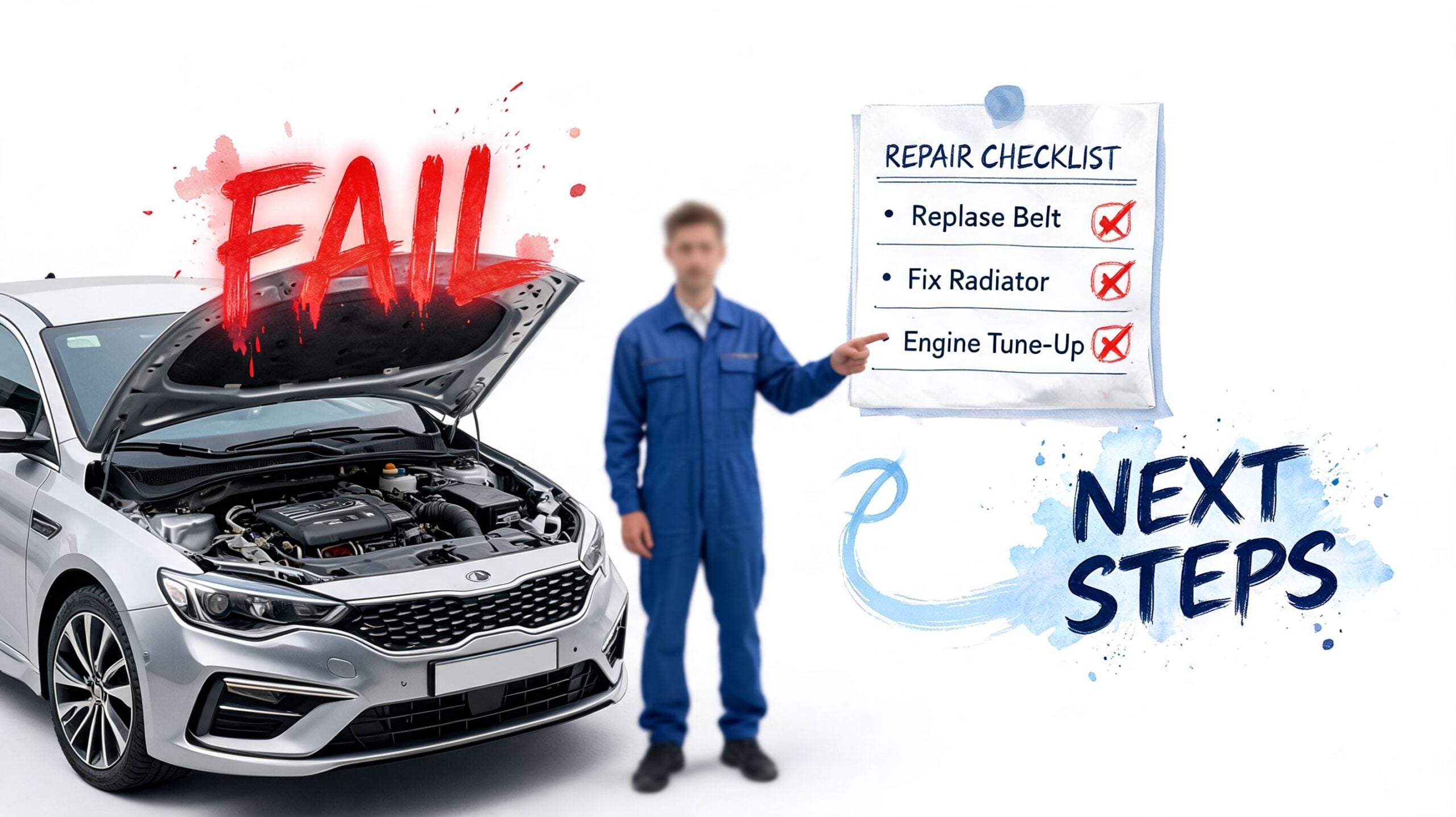 A mechanic standing next to a car with a failed repair checklist showing engine maintenance tasks.