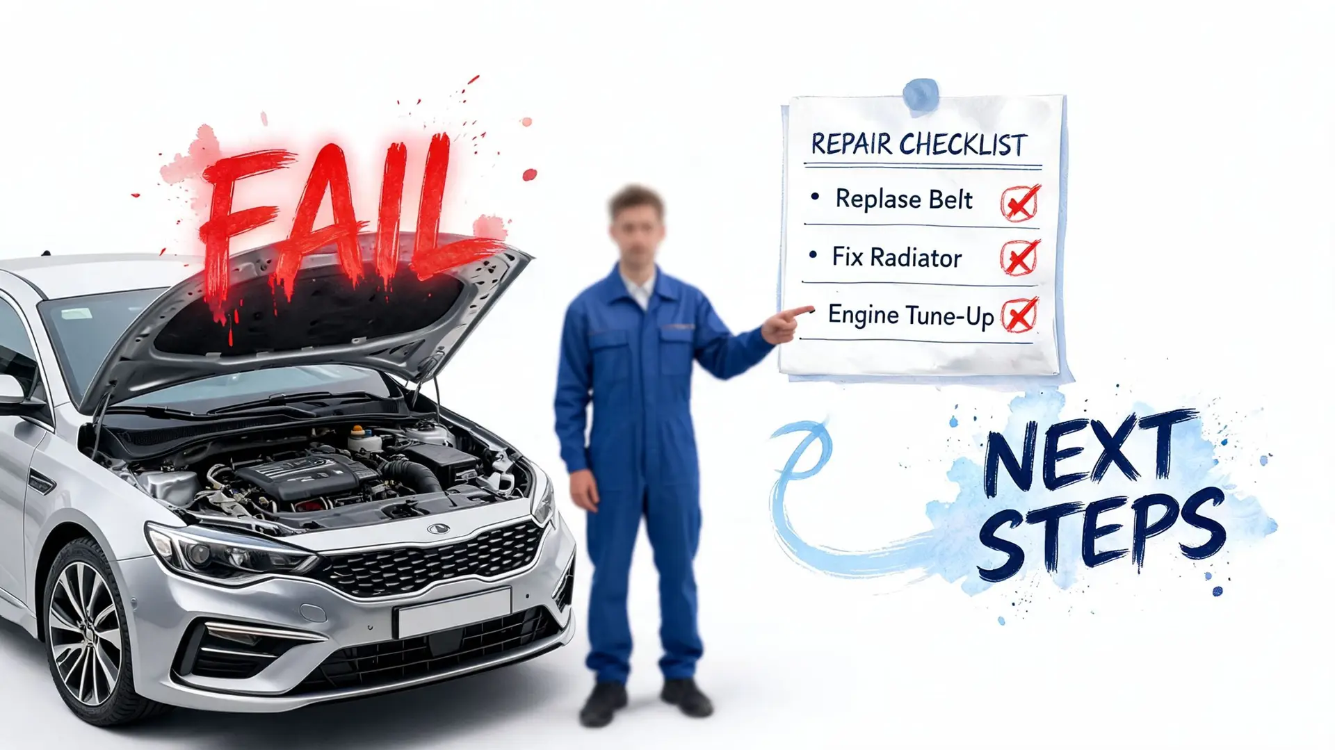 A mechanic standing next to a car with a failed repair checklist showing engine maintenance tasks.