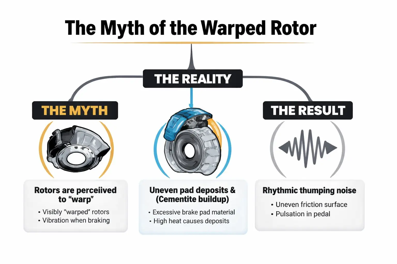 An infographic explaining that brake vibrations are usually caused by uneven pad deposits, not warped rotors.