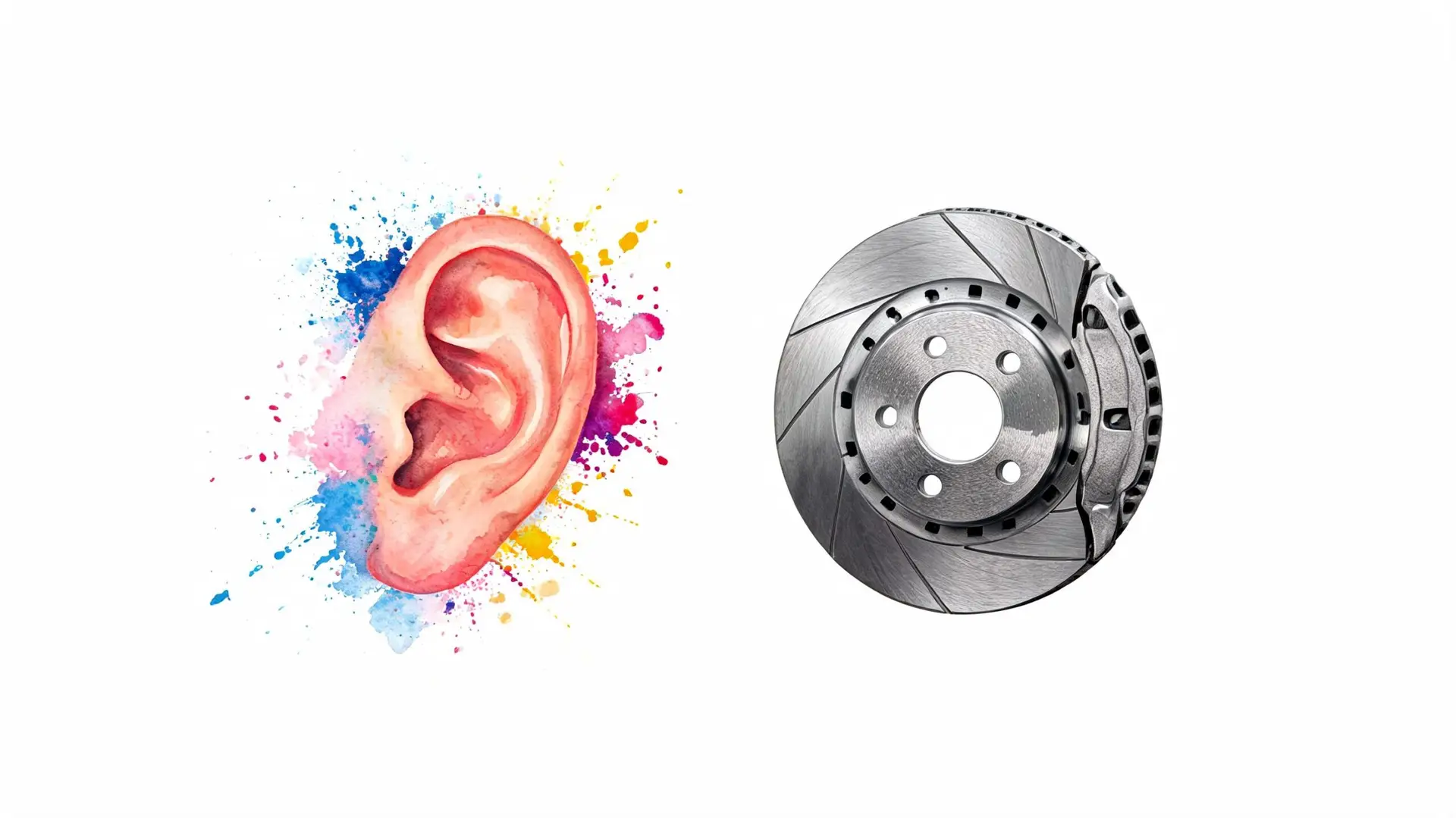 A conceptual illustration of a human ear next to a metallic car brake rotor against white.