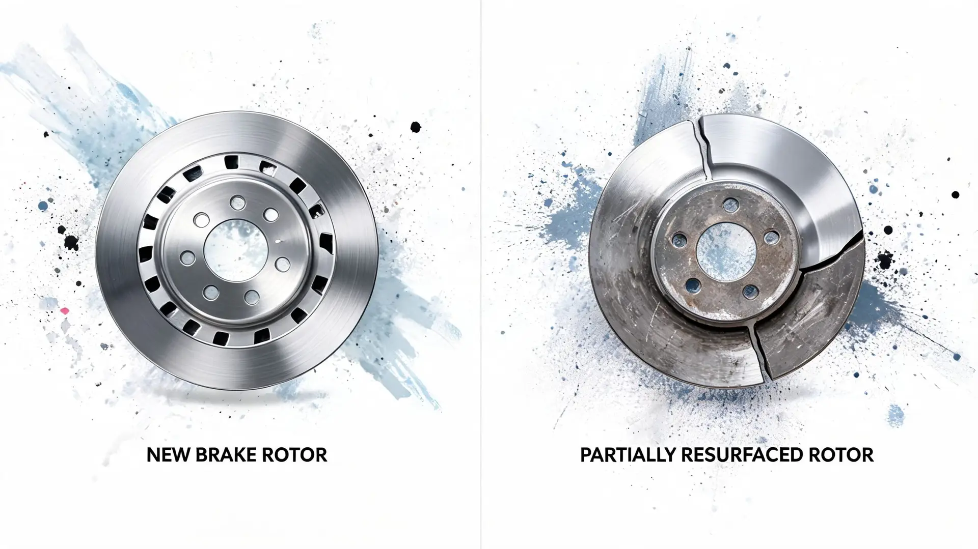 A split view comparison of a clean new brake rotor versus a worn, partially resurfaced brake rotor.