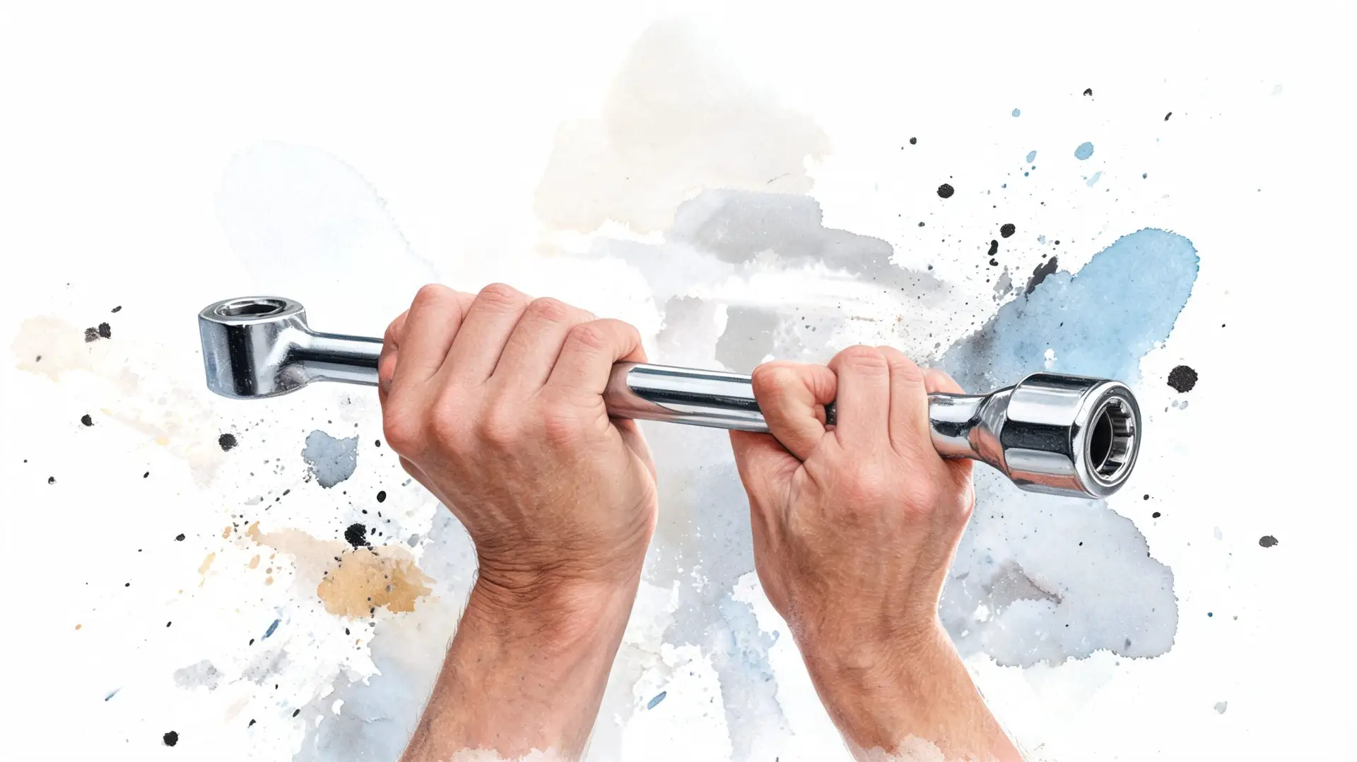 Close-up of a person holding a long metal socket wrench against a white and watercolor background.