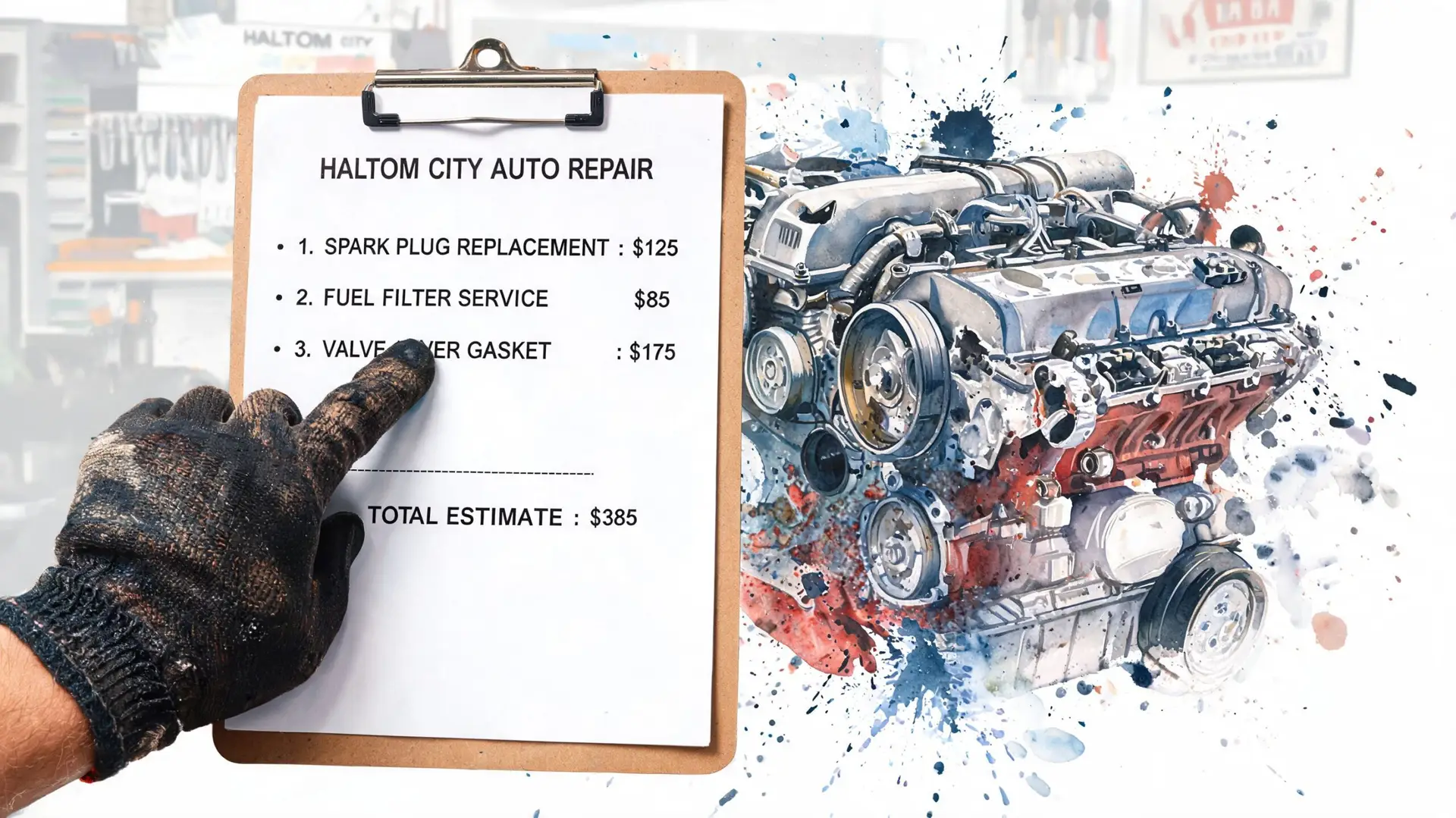 A mechanic with a dirty gloved hand pointing at a repair estimate invoice for engine services.
