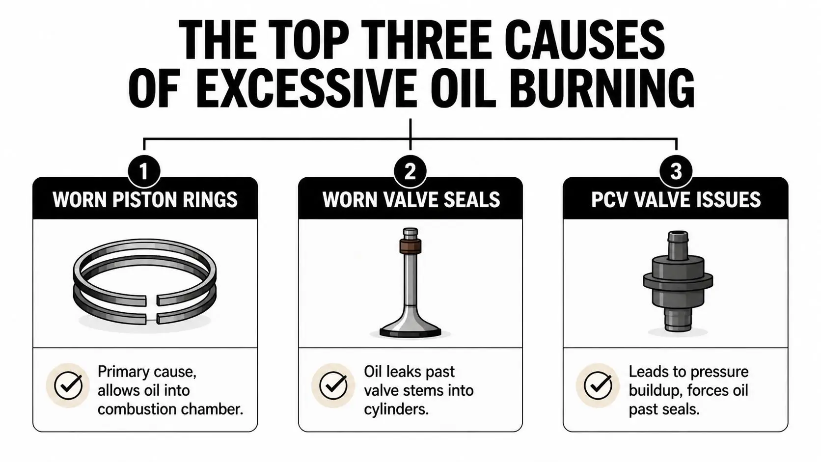 An infographic showing the top three causes of excessive oil burning in a car engine.