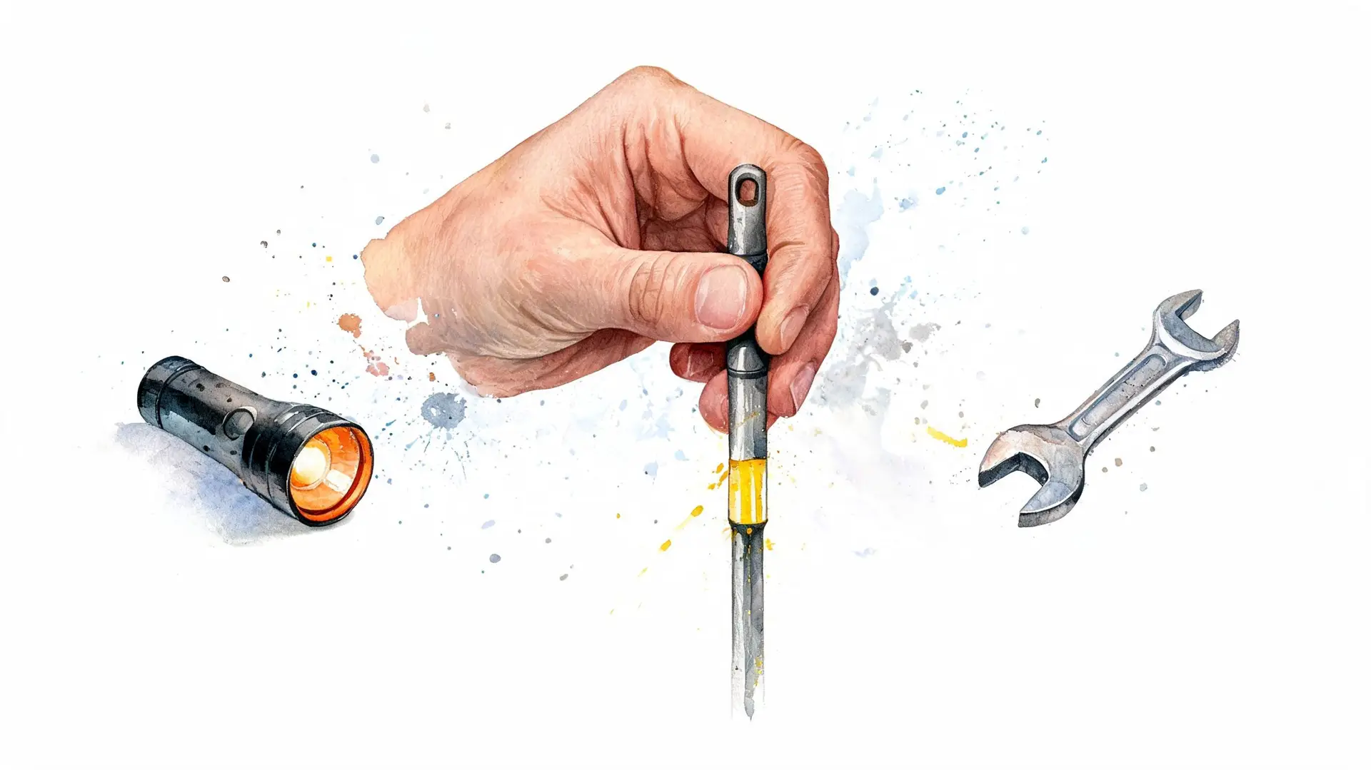 A watercolor illustration of a hand holding a dipstick alongside a flashlight and a wrench tool.