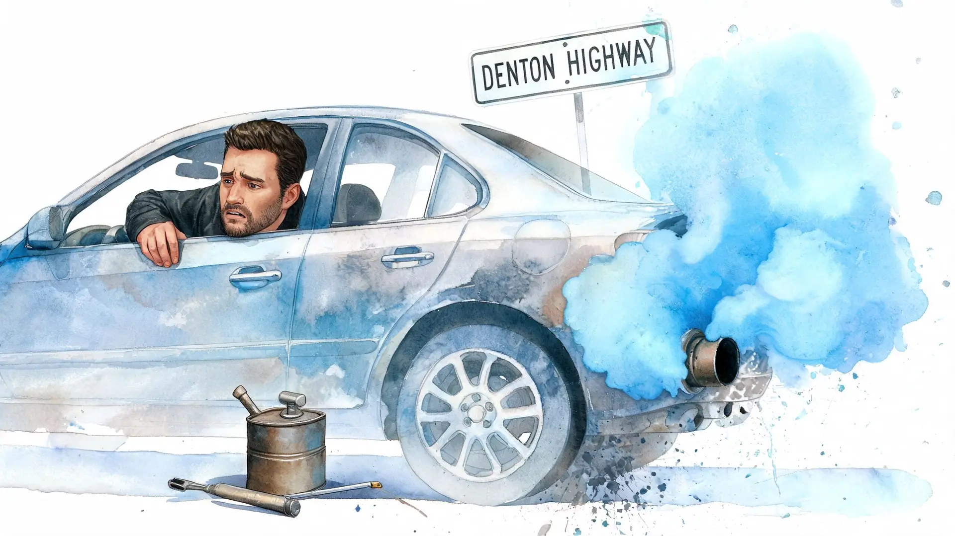A concerned driver looking out of his smoky car on Denton Highway, representing engine oil combustion issues.