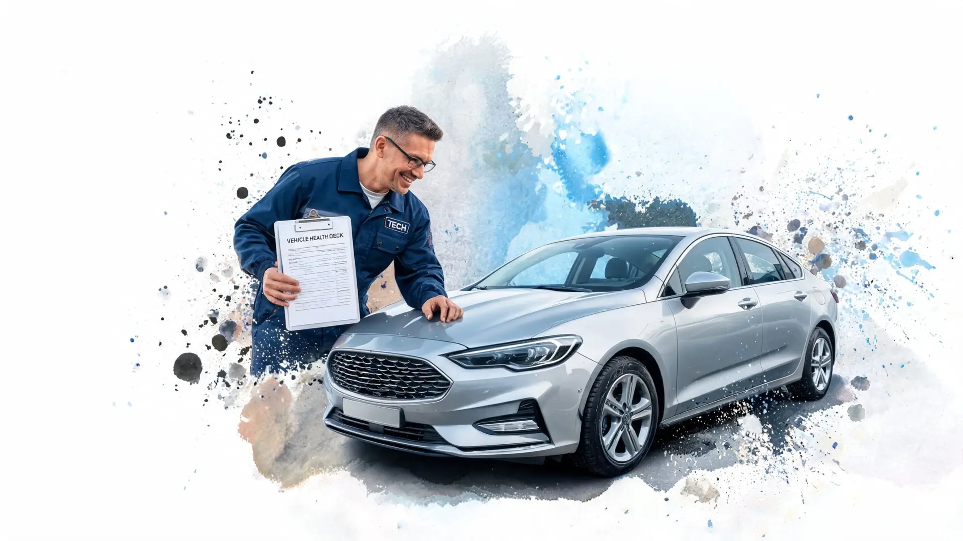A professional mechanic in a blue uniform inspecting a silver car while holding a vehicle health checklist.
