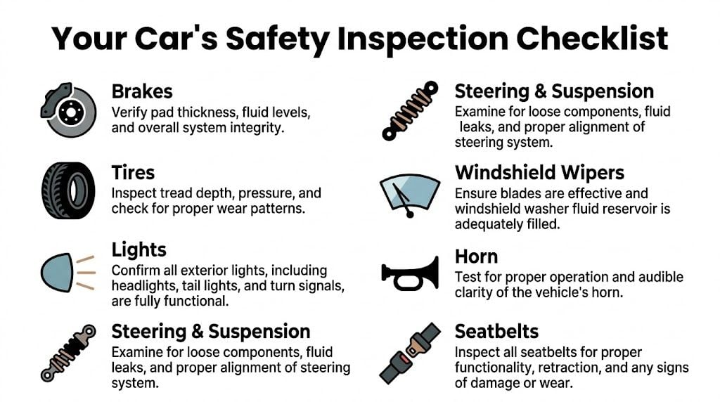A checklist infographic outlining key car parts to inspect for vehicle safety, including brakes, tires, and lights.