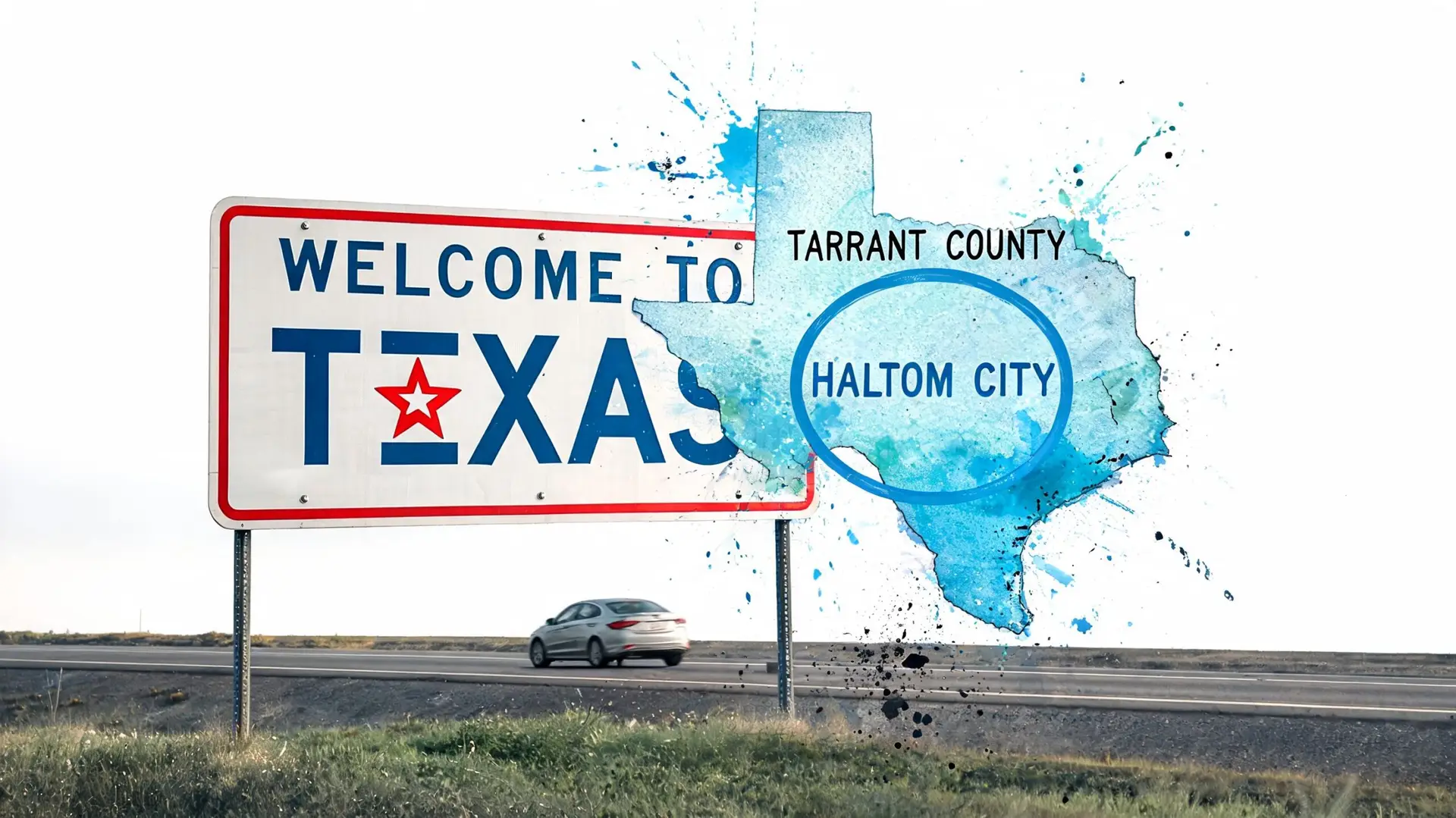 A highway sign welcoming drivers to Texas next to a blue watercolor map of Tarrant County.