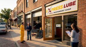Exterior of community auto repair shop on main street