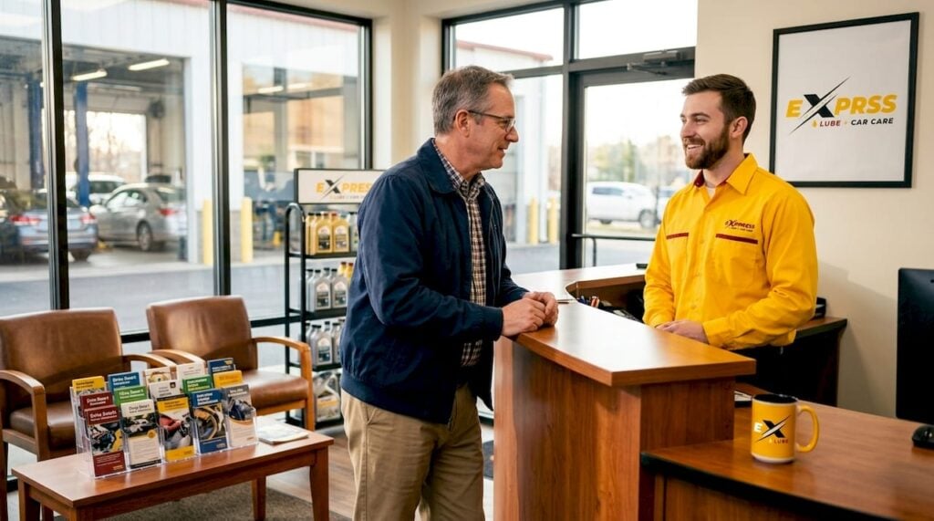 Customer talking with mechanic at auto shop counter