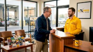 Customer talking with mechanic at auto shop counter