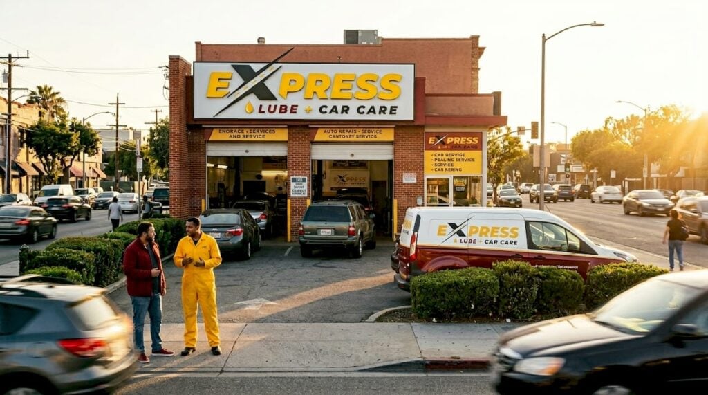 Exterior view of busy auto repair shop in daylight