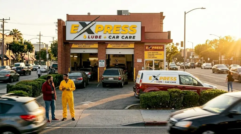 Exterior view of busy auto repair shop in daylight