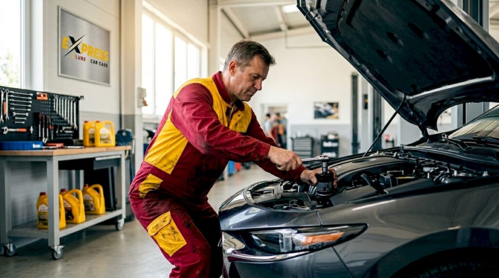 Mechanic performing express oil change in garage