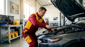 Mechanic performing express oil change in garage