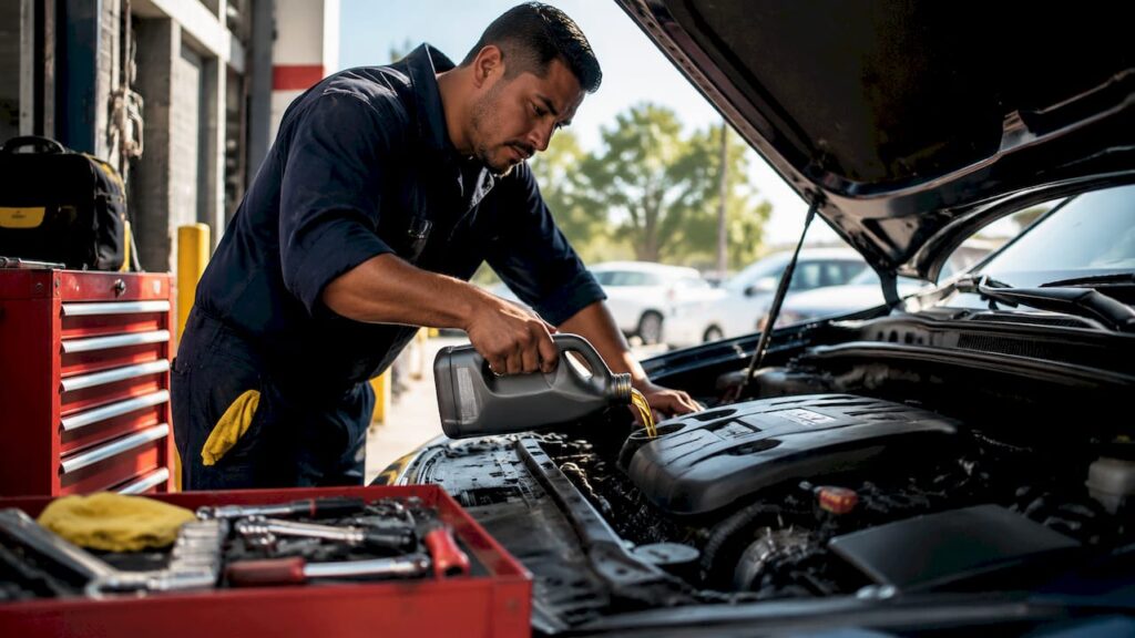 Technician pouring synthetic oil into car engine