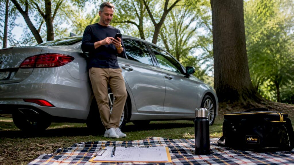 Man scheduling car maintenance on smartphone