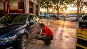 Mechanic checking tire pressure on a sedan outdoors