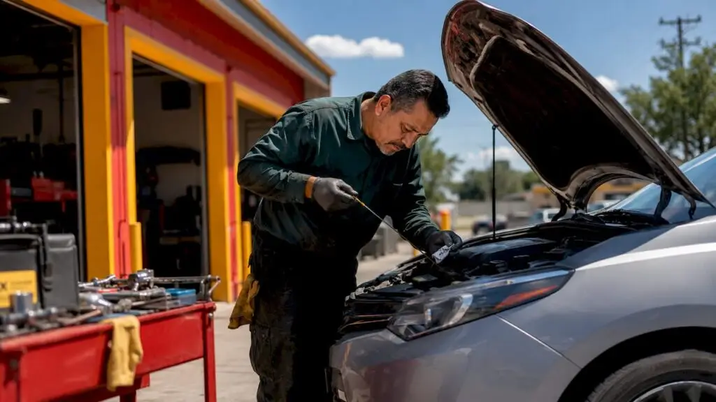 Mechanic checking engine oil dipstick in garage