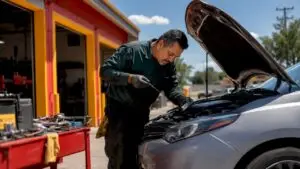 Mechanic checking engine oil dipstick in garage