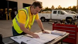 Fleet manager reviewing oil change schedules