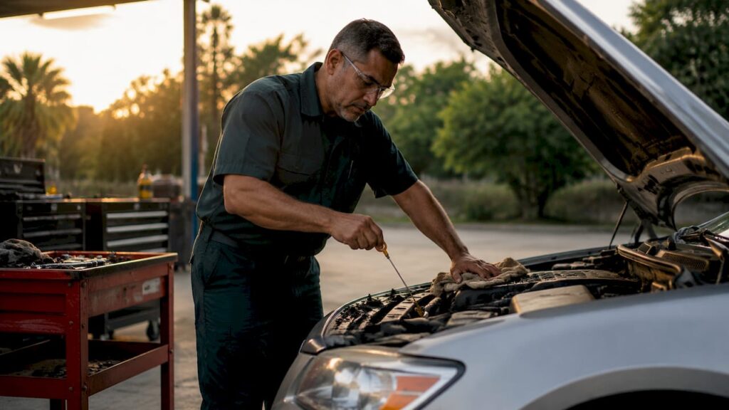 Mechanic inspecting car engine during maintenance