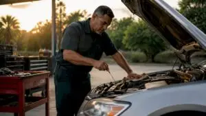 Mechanic inspecting car engine during maintenance