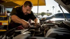 Mechanic inspecting car engine in local garage