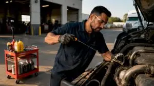 Mechanic checking truck oil level in garage