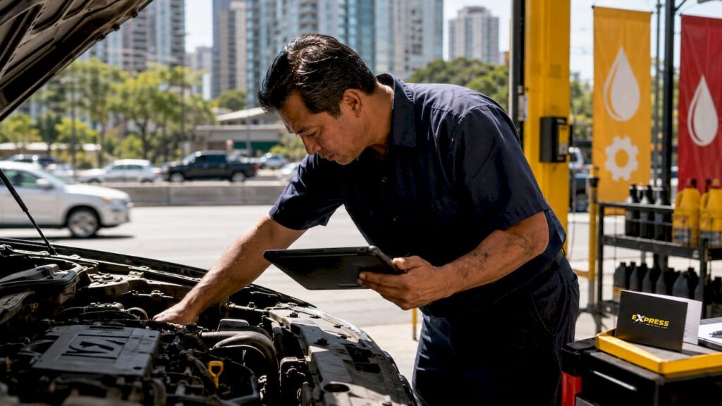 Mechanic inspecting car engine in garage
