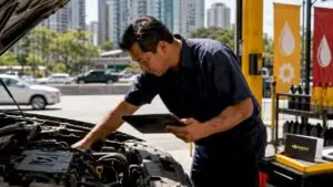 Mechanic inspecting car engine in garage