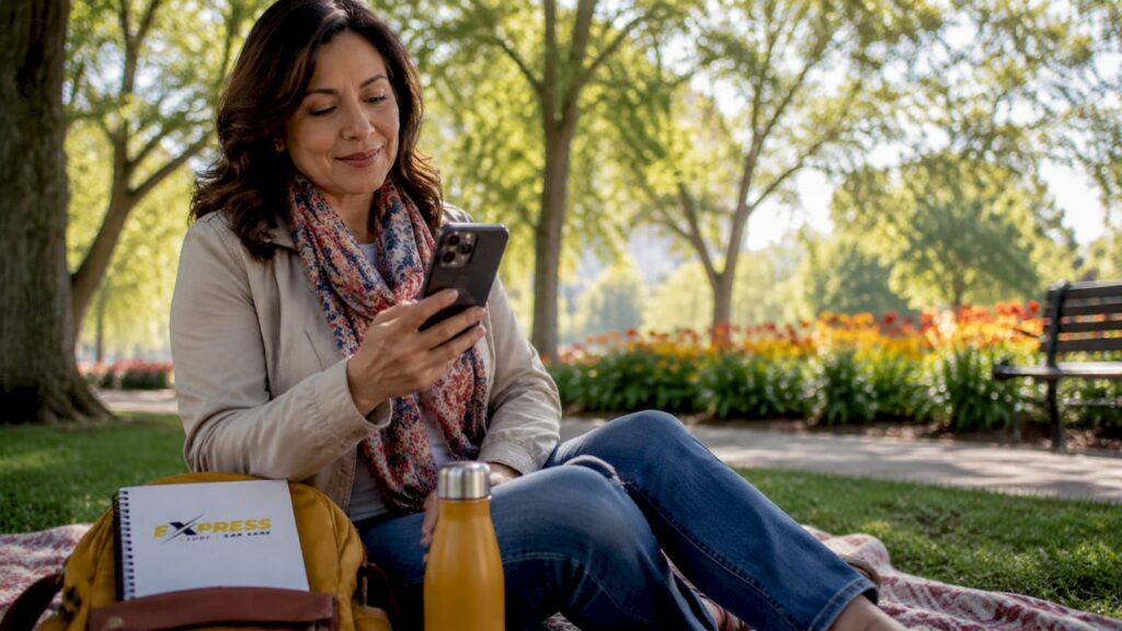 Customer checking auto shop reviews on phone outdoors