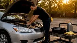 Rideshare driver inspecting vehicle engine for oil change