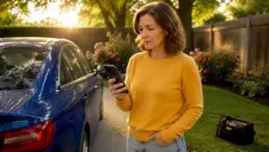 Woman checking car care locations on smartphone