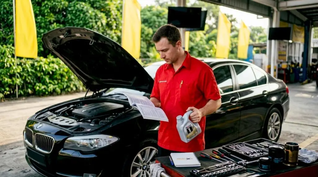 Technician inspecting synthetic oil for European car