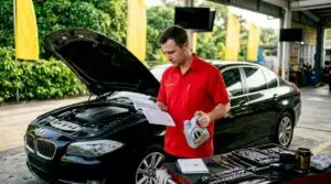 Technician inspecting synthetic oil for European car