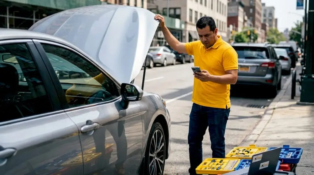 Busy driver checking car maintenance app by open hood