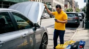 Busy driver checking car maintenance app by open hood