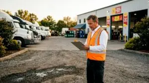 Fleet manager inspecting commercial trucks outdoors