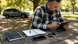 Man checking vehicle maintenance schedules at kitchen table