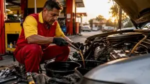 Mechanic performing high mileage oil change on car engine