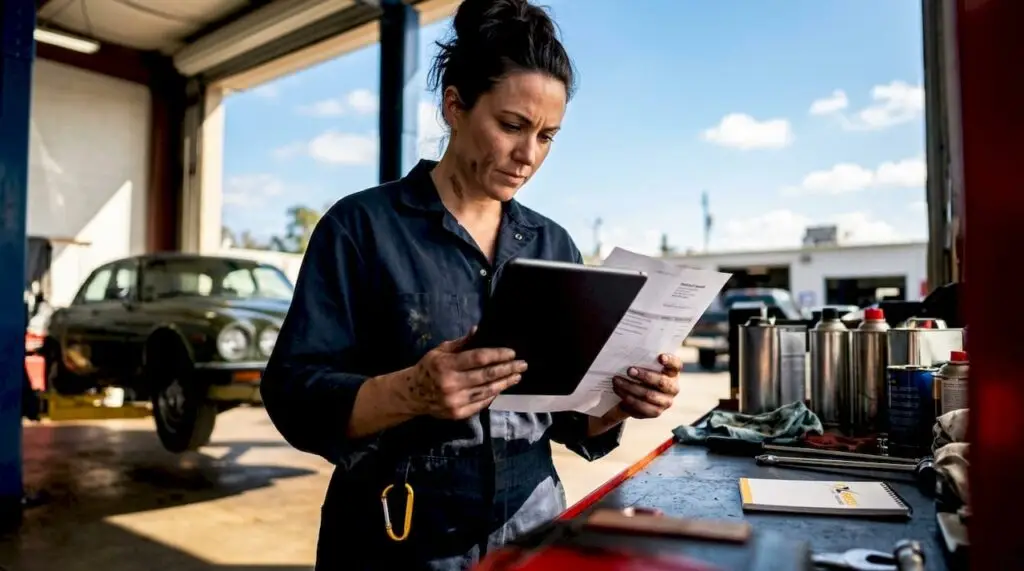 Mechanic reviewing car repair estimate in workshop