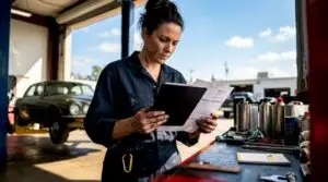 Mechanic reviewing car repair estimate in workshop