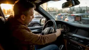 Driver checking BMW oil life indicator on dashboard